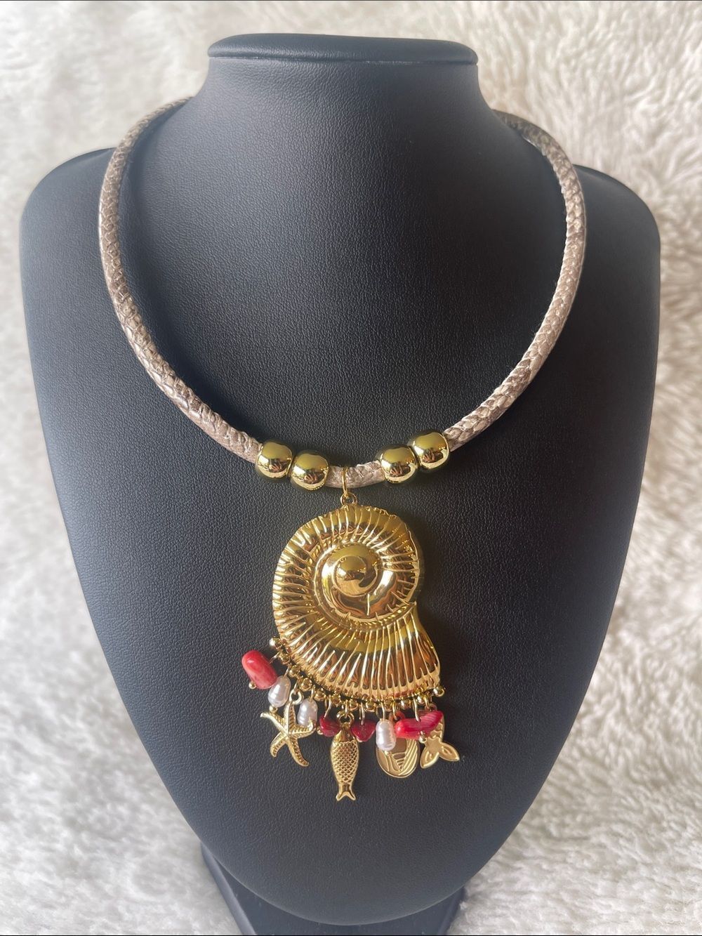 Gold Pendant Necklace with Coral and Pearl Bead Accents - Boho meets Coastal! - Picture 7 of 7